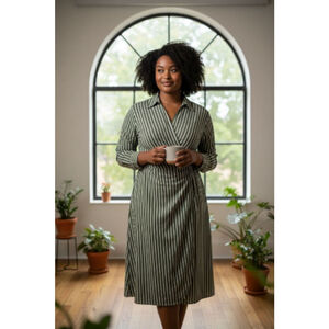 LOFT Dress 14 Petite Olive Green White Stripe Faux Wrap Midi Long Sleeve